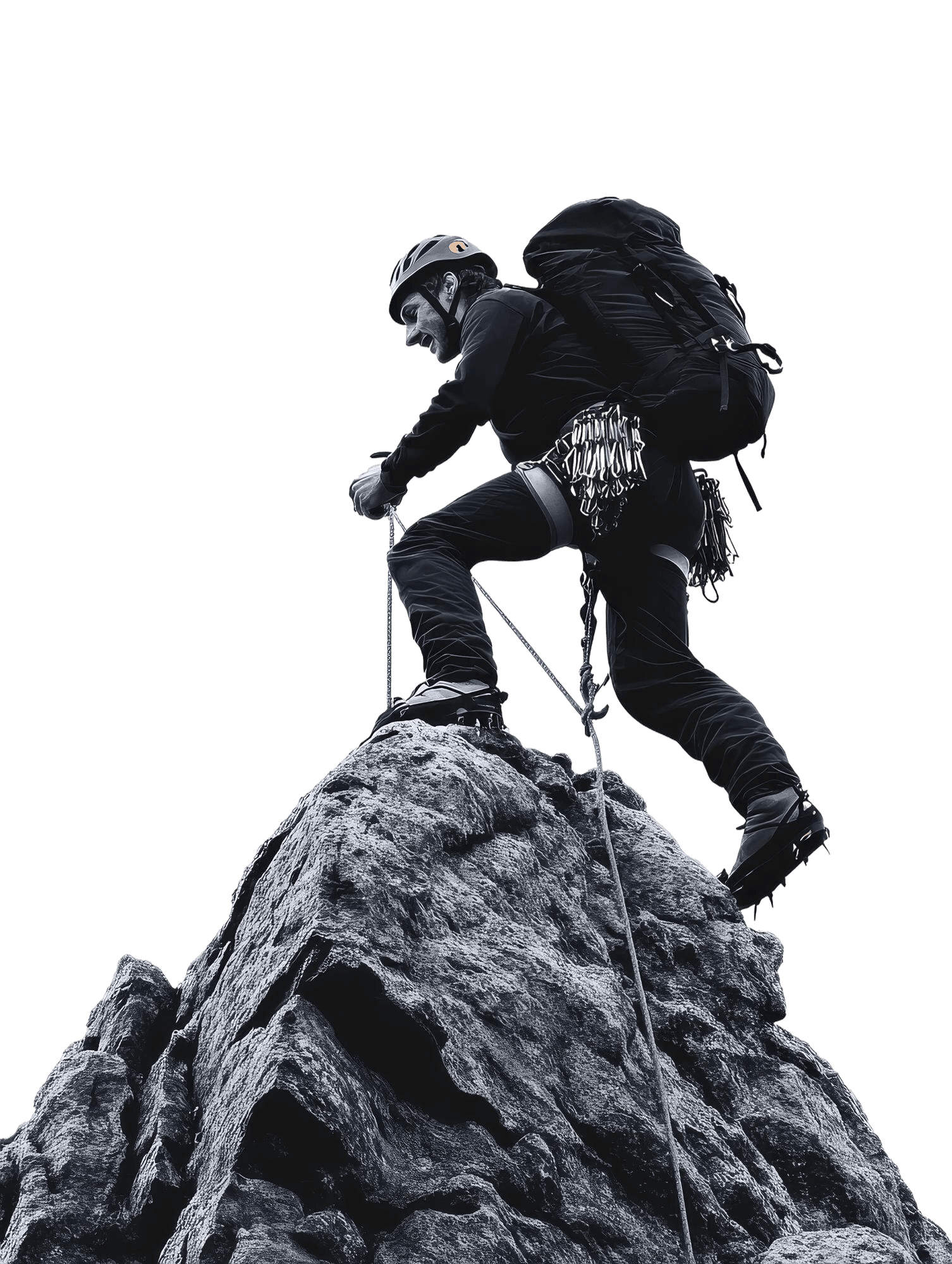 Climber ascending rocky summit